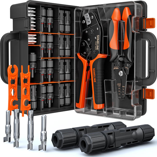 SOMELINE® Solar Connector Crimping Tool Kit, 14-10 AWG Crimper for Solar Panel Cables, Tool Kit with 12 Pairs of Solar Connectors and Wrench and Stripper and Crimper, Solar Panel Connectors