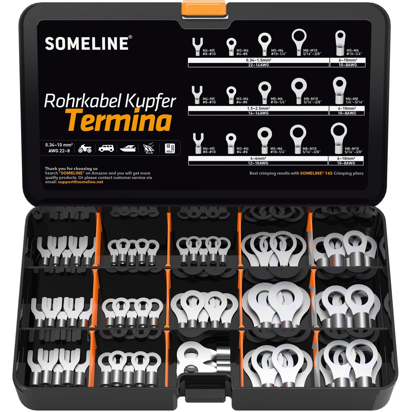 SOMELINE® DIN Series Ring Cable Lug Set - Crimp Cable Lugs - Non-Insulated for Cables 0.34-10mm² - M3 M4 M5 M6 M8 M10 - Cable Lugs - Tube Cable Lugs - Ring Cable Lugs - Compatible with 16S Crimping Pliers