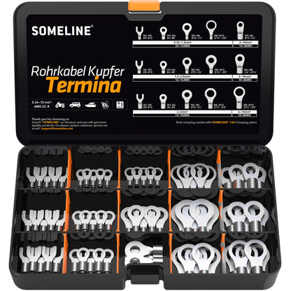 SOMELINE® DIN Series Ring Cable Lug Set - Crimp Cable Lugs - Non-Insulated for Cables 0.34-10mm² - M3 M4 M5 M6 M8 M10 - Cable Lugs - Tube Cable Lugs - Ring Cable Lugs - Compatible with 16S Crimping Pliers