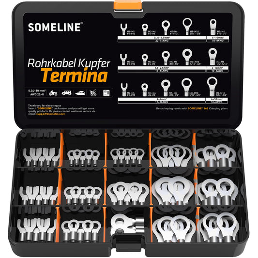 SOMELINE® DIN Series Ring Cable Lug Set - Crimp Cable Lugs - Non-Insulated for Cables 0.34-10mm² - M3 M4 M5 M6 M8 M10 - Cable Lugs - Tube Cable Lugs - Ring Cable Lugs - Compatible with 16S Crimping Pliers