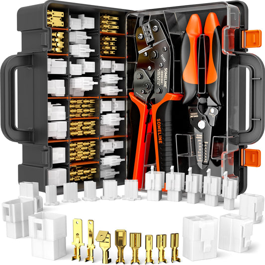 SOMELINE® Automotive Wire Connectors Crimp Tool Kit, Crimper for 24-14 AWG Non-Insulated Quick Disconnect Terminals, with 2-9 Pin 2.8mm/6.3mm Plugs & Sockets, Includes Wire Stripper