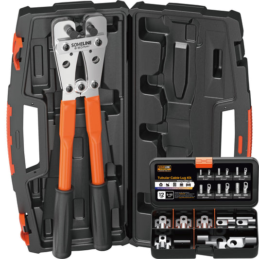 SOMELINE® Crimping Pliers Cable Lug Set, Tube Cable Lug Pliers 6-50mm², Press Tool for Tube Cable Lugs and Connectors, Battery Cable Pliers - with Tinned Cable Lugs and Tool Box