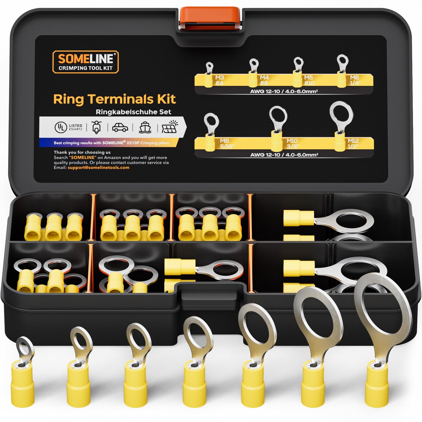 SOMELINE® Ring PVC Cable Lugs 4-6 mm², Yellow Hole Ø M3 M4 M5 M6 M8 M10 M12, Partially Insulated Copper Tinned Crimp Connectors, Set of 38