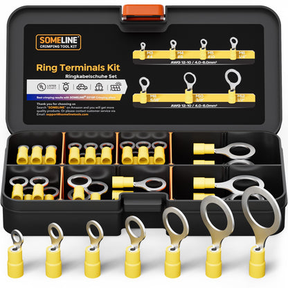 SOMELINE® Ring PVC Cable Lugs 4-6 mm², Yellow Hole Ø M3 M4 M5 M6 M8 M10 M12, Partially Insulated Copper Tinned Crimp Connectors, Set of 38