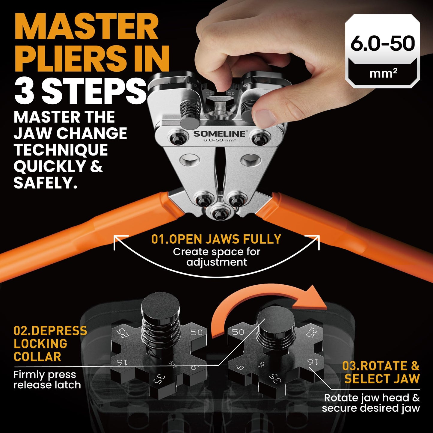 SOMELINE® Crimping Tool Set for Cable Lugs, Ring Terminals, Tinned Copper Bolt Hole Connectors suit for 6-50mm², Crimping Pliers - Press Pliers