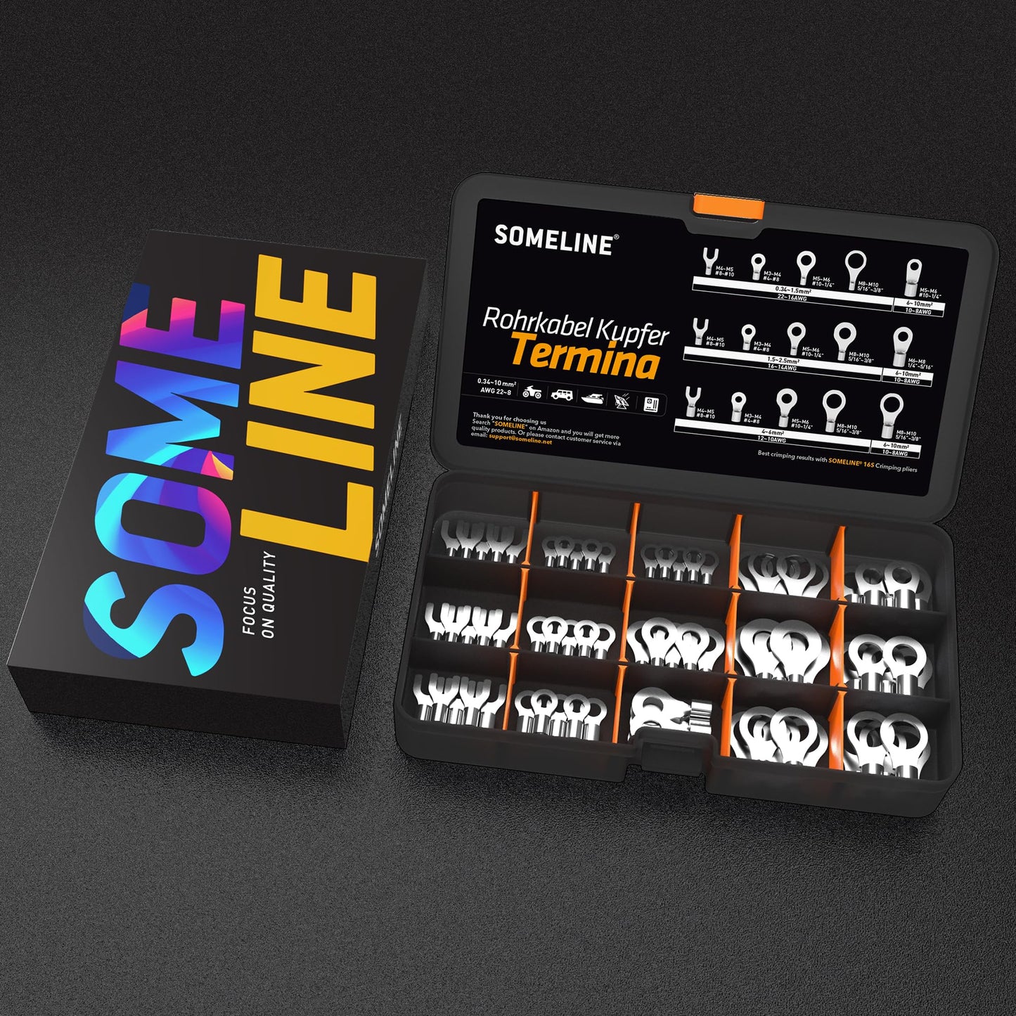 SOMELINE® DIN Series Ring Cable Lug Set - Crimp Cable Lugs - Non-Insulated for Cables 0.34-10mm² - M3 M4 M5 M6 M8 M10 - Cable Lugs - Tube Cable Lugs - Ring Cable Lugs - Compatible with 16S Crimping Pliers