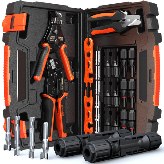 SOMELINE® Solar Connector Crimping Tool Kit, 14-10 AWG Crimper for Solar Panel Cables Connectors, Toolbox Kit with 6 Pairs of Solar Connectors and Wrenches, Strippers, Crimpers and Cable Cutter