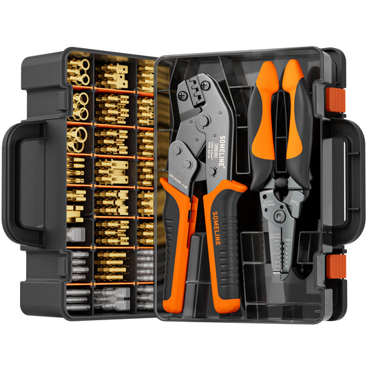 SOMELINE® Wire Terminal Crimping Tool Kit,2.8/3.9/4.8/6.3mm Male Female Disconnect Terminals,with 20 Sizes Wire Connector Set, Crimp Plier 0.25-2.5mm²(AWG 24-14) Non-Insulated Open Barrel Terminals Wire Splices Brass Spade